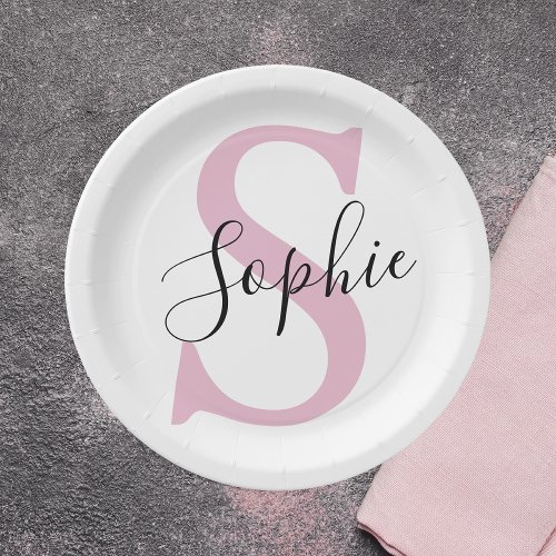 Modern Personalized Name Monogram Pink Paper Plates