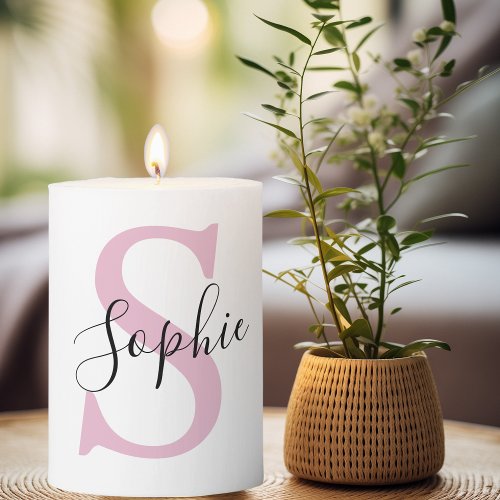 Modern Personalized Name Monogram Pink Pillar Candle