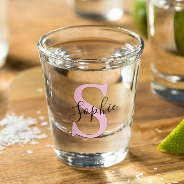 Modern Personalized Name Monogram Pink Shot Glass (Creator Uploaded)