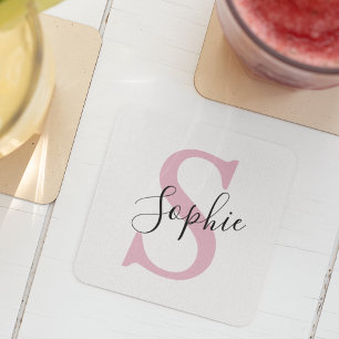 Modern Personalized Name Monogram Pink Square Paper Coaster
