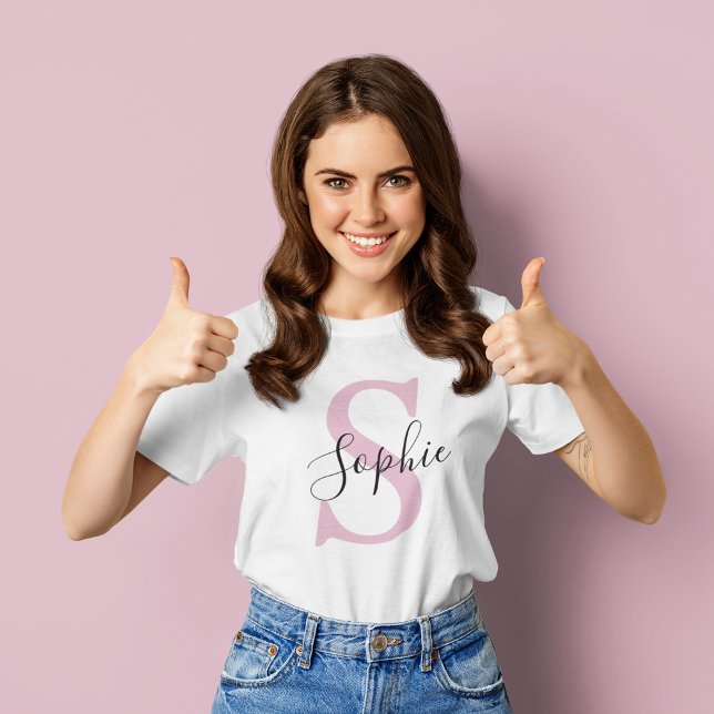 Modern Personalized Name Monogram Pink T-Shirt (Creator Uploaded)