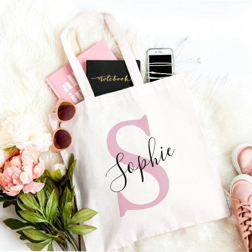 Modern Personalized Name Monogram Pink Tote Bag