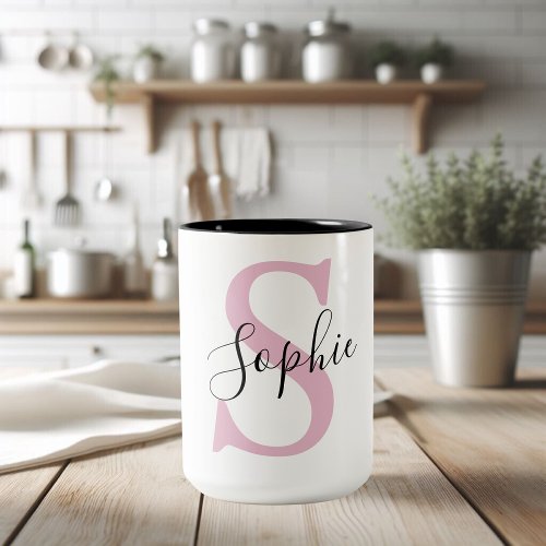 Modern Personalized Name Monogram Pink Two_Tone Coffee Mug
