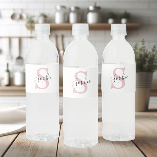Modern Personalized Name Monogram Pink Water Bottle Label
