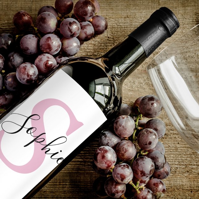 Modern Personalized Name Monogram Pink Wine Label (Creator Uploaded)