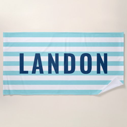 Modern Personalized Name Navy Aqua Striped Beach Towel