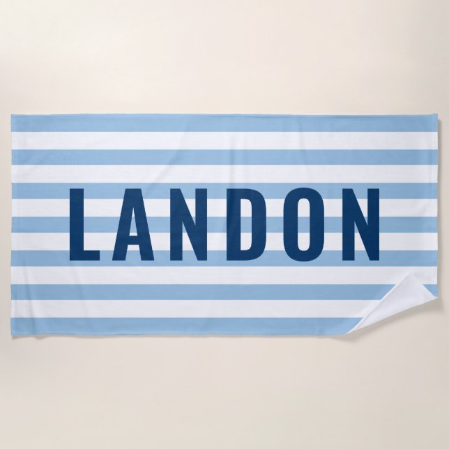 Modern Personalized Name Navy Blue Striped Beach Towel (Front)