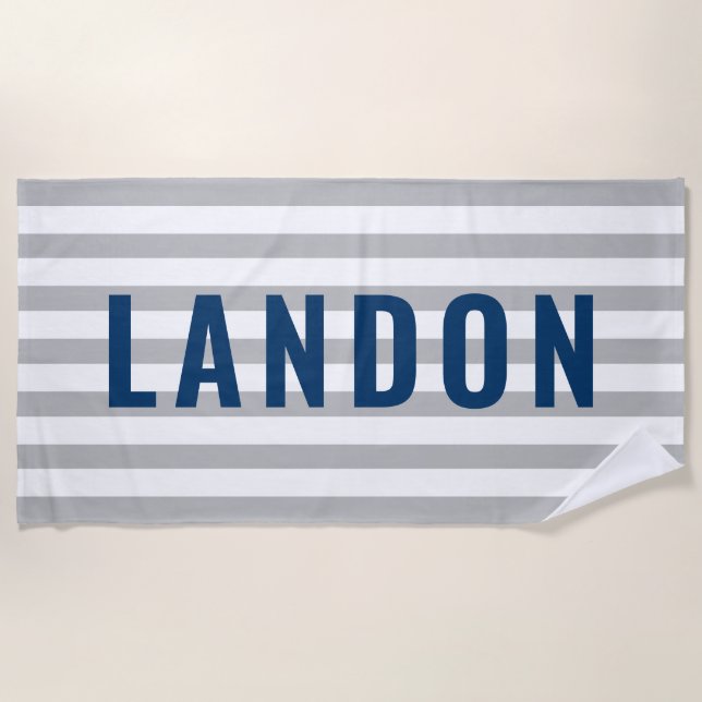 Modern Personalized Name Navy Gray Striped Beach Towel (Front)