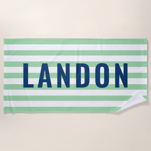 Modern Personalized Name Navy Green Striped Beach Towel