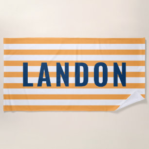 Modern Personalized Name Navy Orange Striped Beach Towel