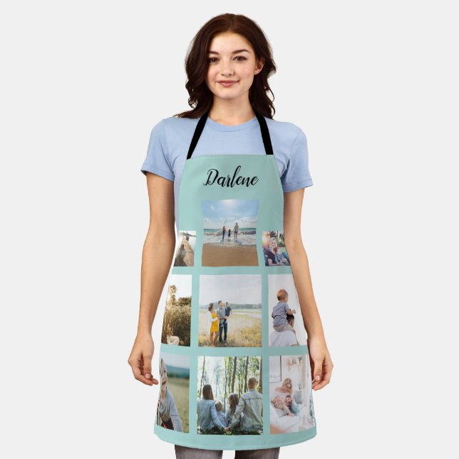 Modern Personalized Name Photo Collage Mint Teal Apron (Worn)