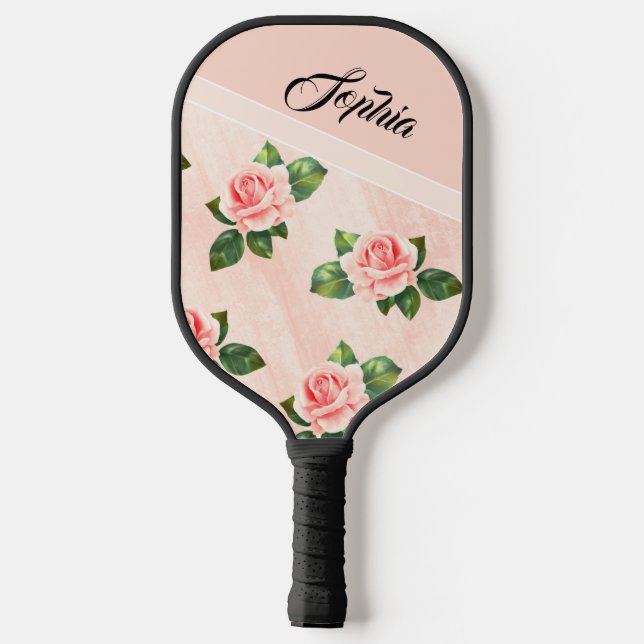 Modern Personalized Name Pink Rose Flower Black  Carbon Fiber Pickleball Paddle (Back)