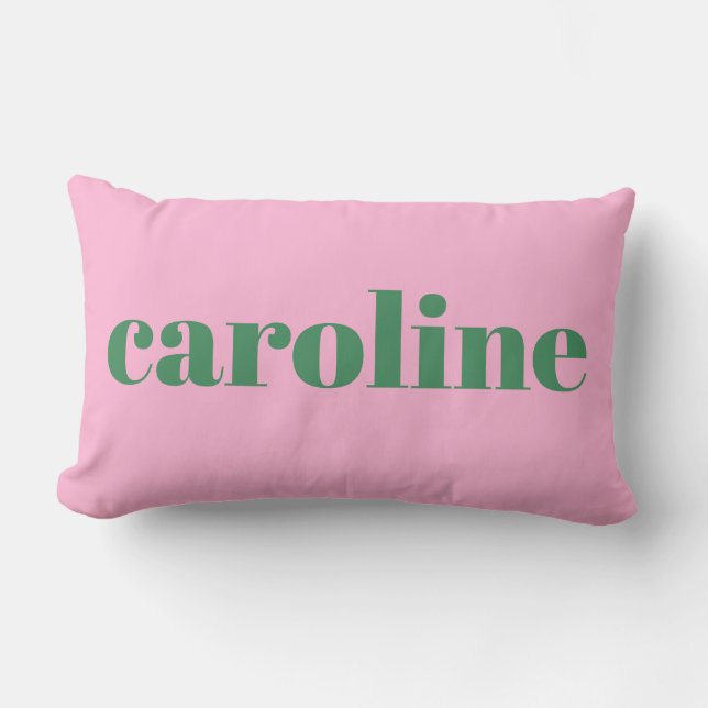 Modern Personalized Name Preppy Cute Pink Green Lumbar Pillow (Front)
