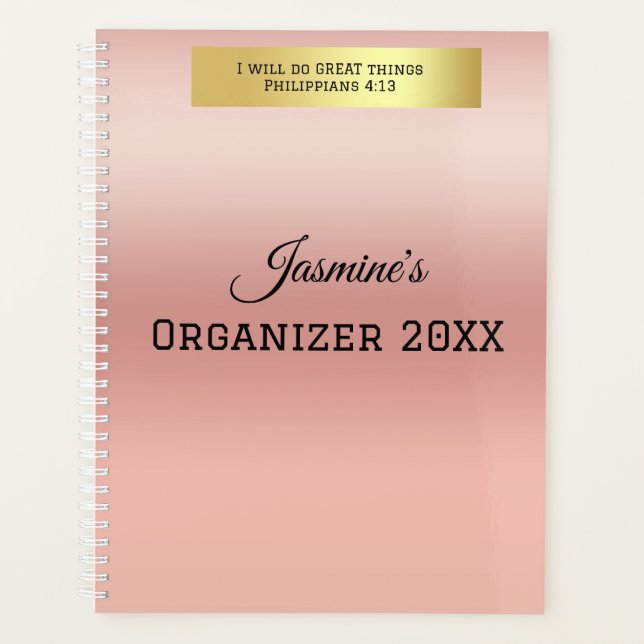 Modern Personalized Name Rose Gold Bible Verse  Planner (Front)