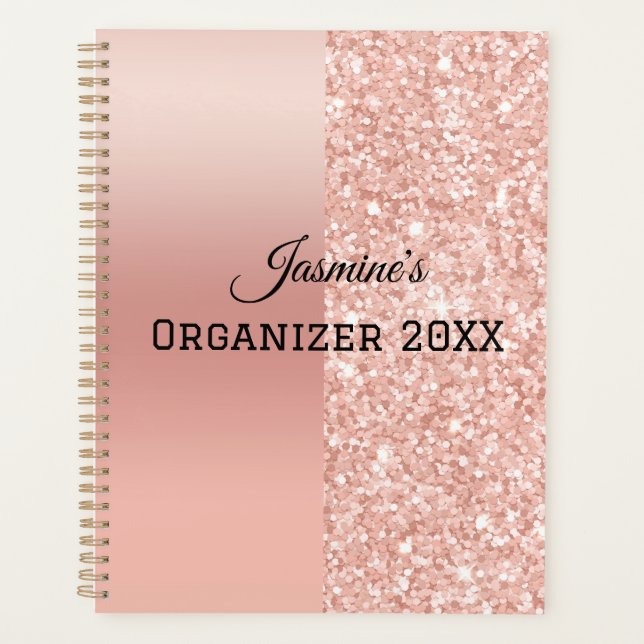 Modern Personalized Name Rose Gold Pink Sparkle Planner (Front)