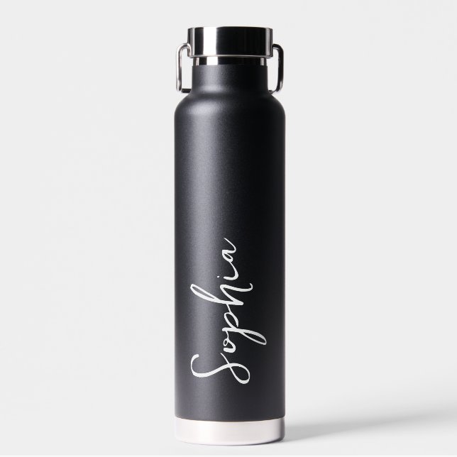 Modern Personalized Name Script Black Wedding gift Water Bottle (Front)
