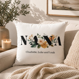 Modern Personalized Nana Floral Gift Throw Pillow