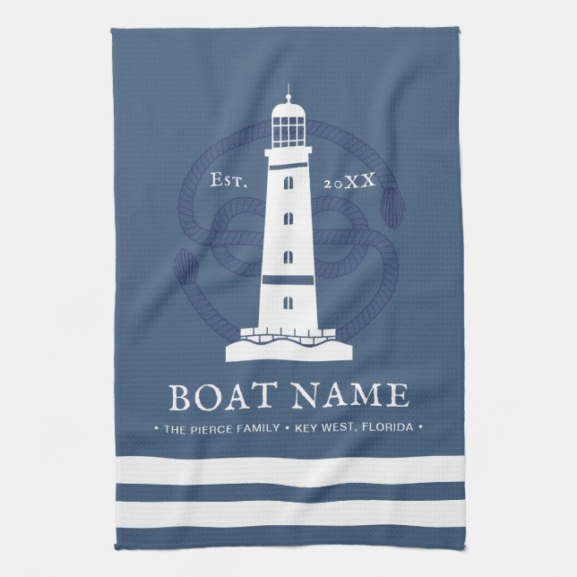 Modern Personalized Nautical lighthouse Boat Name Kitchen Towel (Vertical)