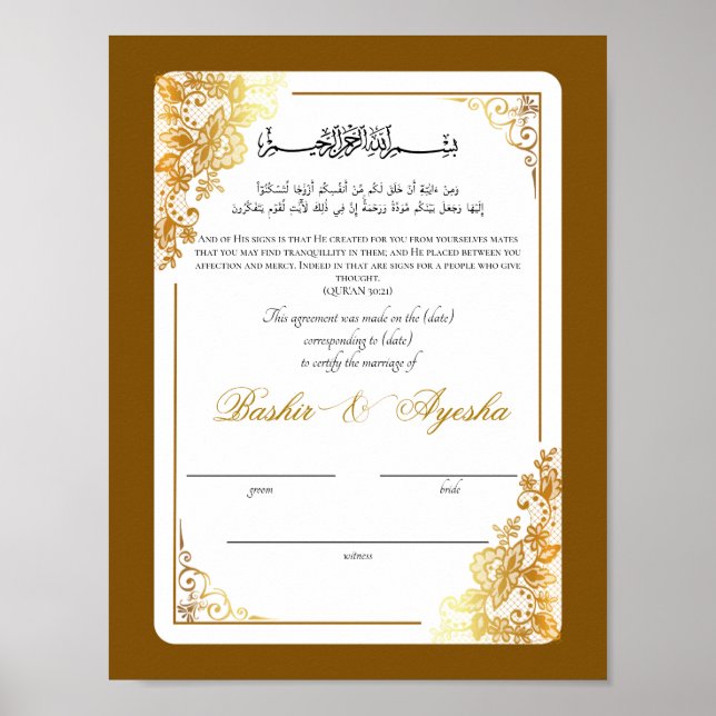 Modern Personalized Nikkah Marriage Certificate Poster (Front)
