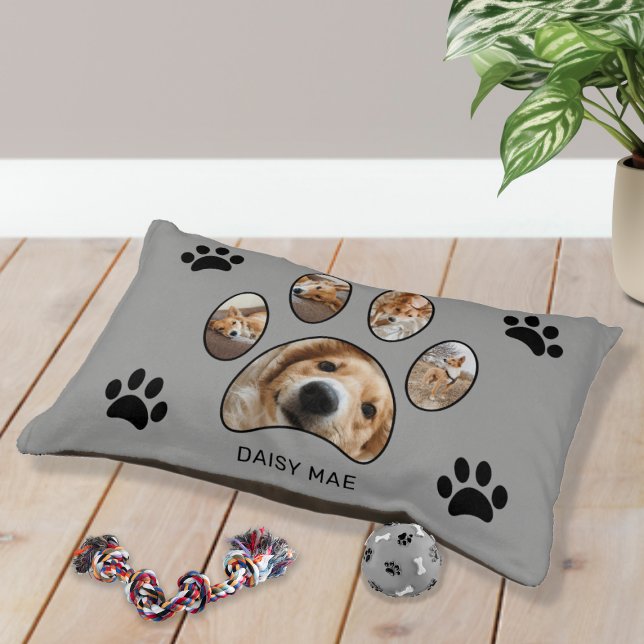 Modern Personalized Paw Print Name Photo Collage Pet Bed (Creator Uploaded)