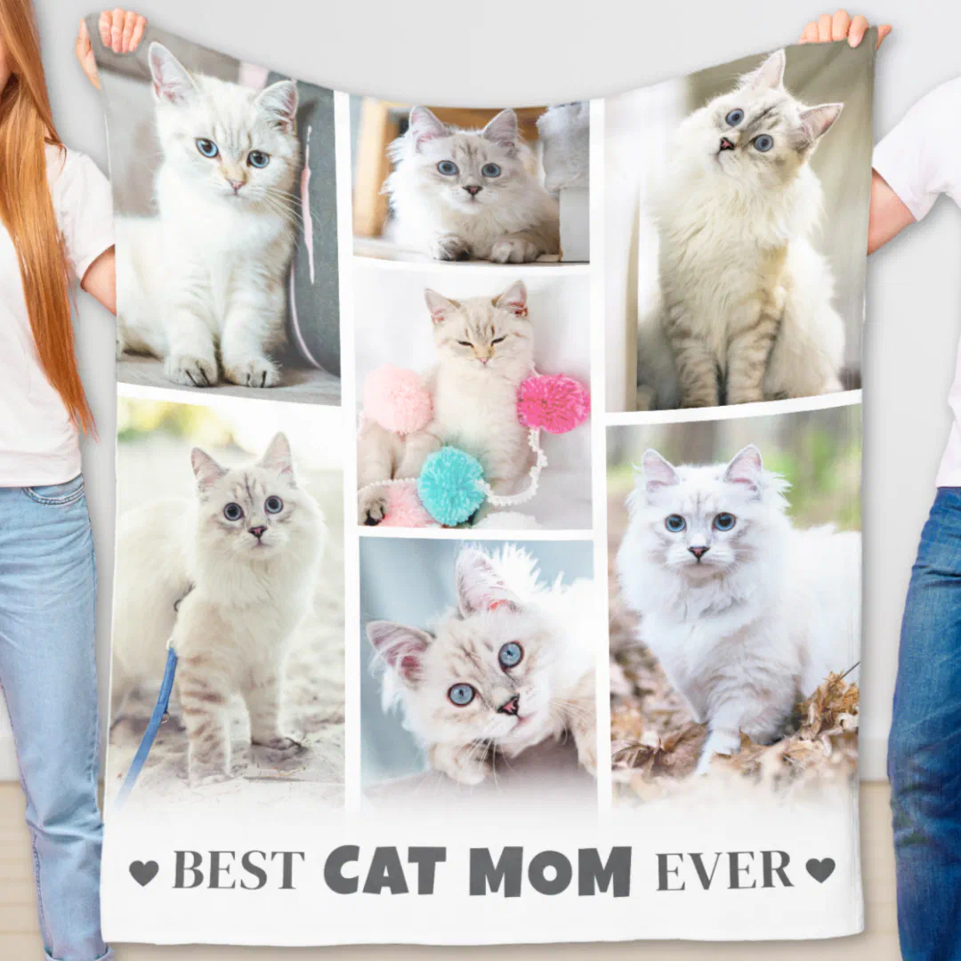 Personalized pet photo collage fleece blanket featuring multiple cat photos for cat moms.