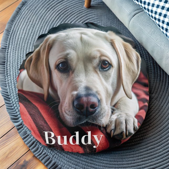 Modern Personalized  Pet Photo Name Dog Lover  Round Pillow (Creator Uploaded)