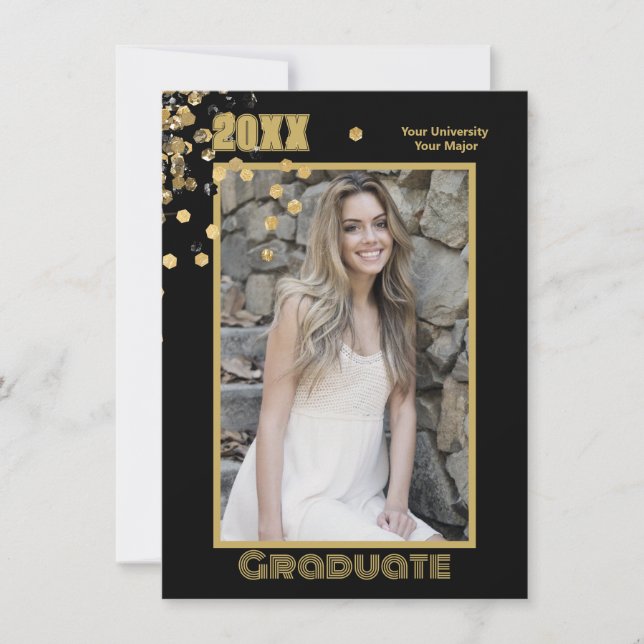  Modern Personalized Photo Black Gold Sparkles  Invitation (Front)