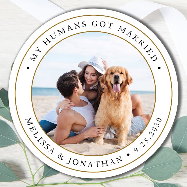 Modern Personalized Photo Just Married Wedding Classic Round Sticker (Creator Uploaded)