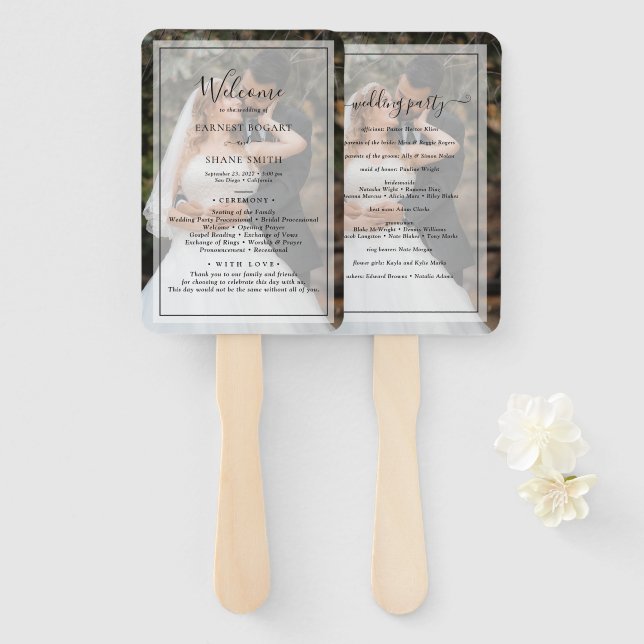 Modern Personalized Photo Overlay Wedding Program Hand Fan (Front and Back)