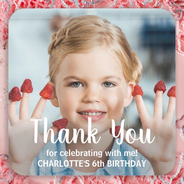 Modern Personalized Photo Thank You Birthday  Square Sticker (Creator Uploaded)
