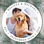 Modern Personalized Photo Wedding Classic Round Sticker<br><div class="desc">Add the finishing touch to your wedding with these cute custom photo stickers. Perfect to label your wedding favors to all your guests, and for envelope stickers to send out thank you cards . Customize these photo stickers with your favorite couples photo, dog of honors photo, or your newlywed photo...</div>