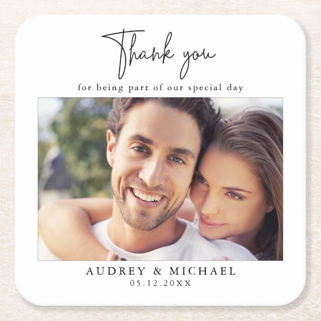 Modern Personalized Photo Wedding Thank You Square Paper Coaster (Front)