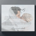 Modern Personalized Photo Wedding Vows Plaque<br><div class="desc">Wedding day vows keepsake plaque to always remember your special day and your promise to each other. This elegant wedding day keepsake plaque features a photograph of the couple with "Our Vows" text displayed in hand-written style typography. Personalize this design with your photo, names, wedding date and place, and her...</div>