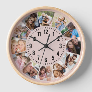 Modern Personalized Pink 12 Photo Collage Clock
