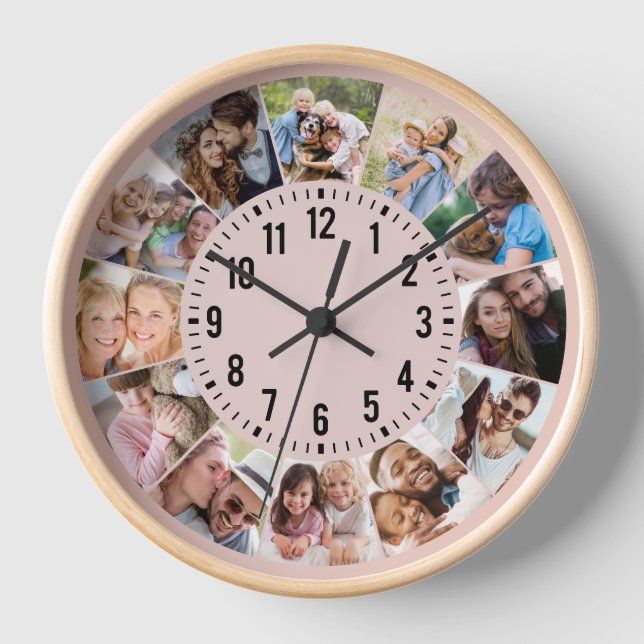 Modern Personalized Pink 12 Photo Collage Clock (Front)