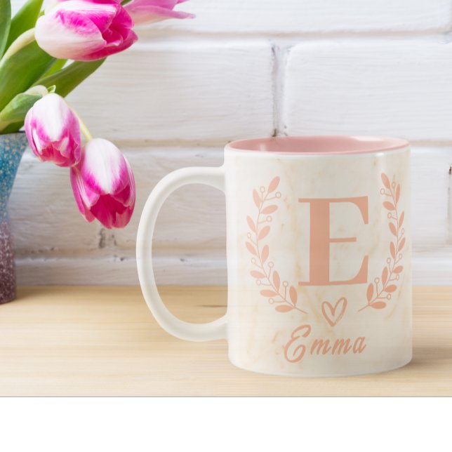 Modern Personalized Pink Marble Name & Love Shape  Two-Tone Coffee Mug (customized name mug)