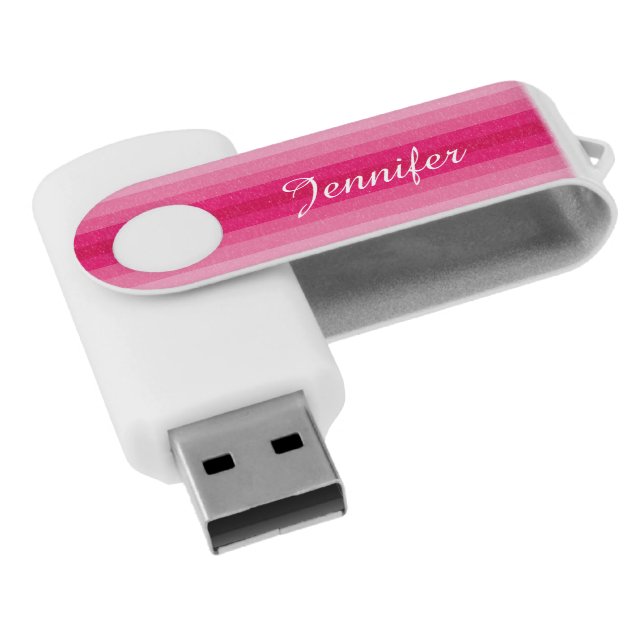 Modern Personalized, Pink Stripe with Name USB USB Flash Drive (Angled)