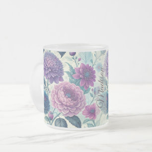 Modern Personalized Purple Floral Vintage Dahlia Frosted Glass Coffee Mug