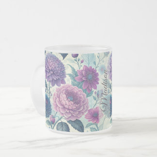 Modern Personalized Purple Floral Vintage Dahlia Frosted Glass Coffee Mug