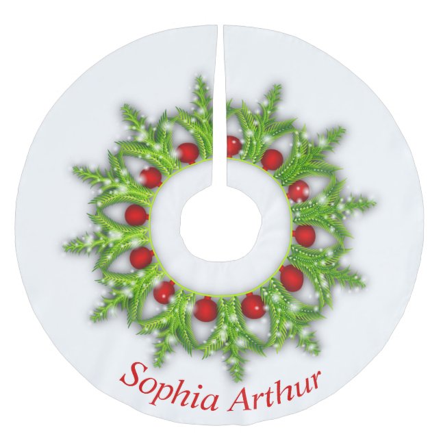 Modern Personalized Red Gold Wreath Christmas Brushed Polyester Tree Skirt (Front)