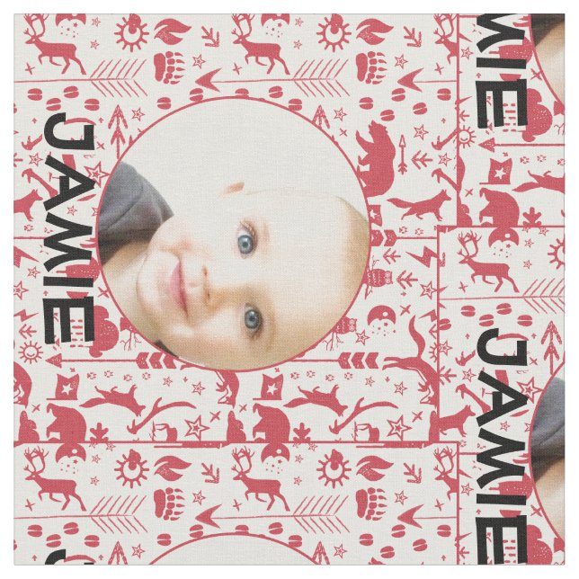 Modern Personalized Red Rustic Forest  Your Photo Fabric (Close Up)
