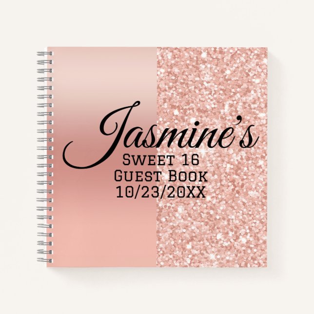 Modern Personalized Rose Gold Sparkle Guest Book (Front)