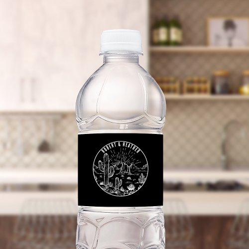 Modern Personalized Rustic Desert Wedding Black Water Bottle Label