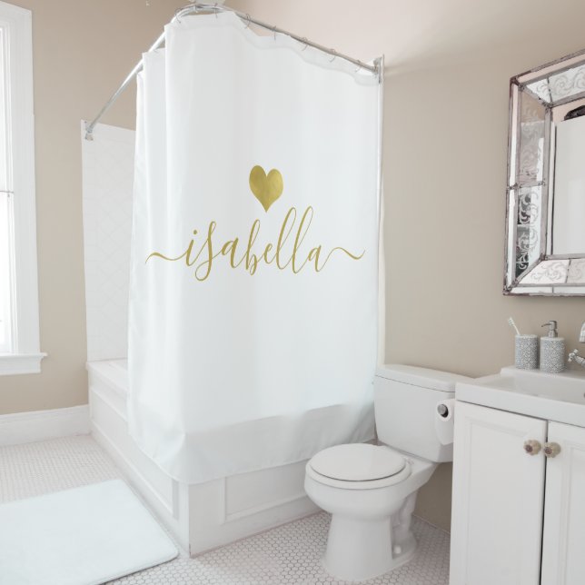 Modern Personalized Script Name Gold Heart Shower Curtain (In Situ)