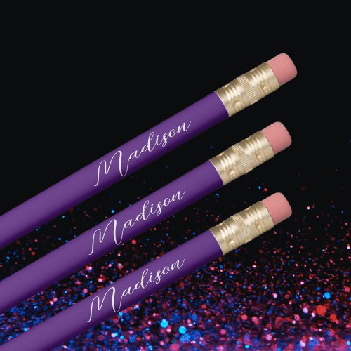 Modern Personalized Script Name Purple Pencil