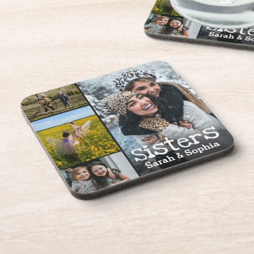 Modern Personalized Sisters 4 Photo Collage Beverage Coaster