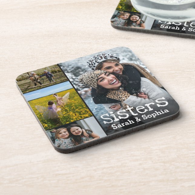 Modern Personalized Sisters 4 Photo Collage Beverage Coaster (Left Side)