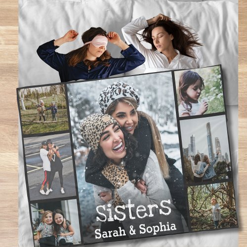 Modern Personalized Sisters 7 Photo Collage Fleece Blanket