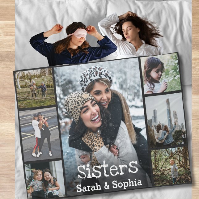 Modern Personalized Sisters 7 Photo Collage Fleece Blanket (Creator Uploaded)
