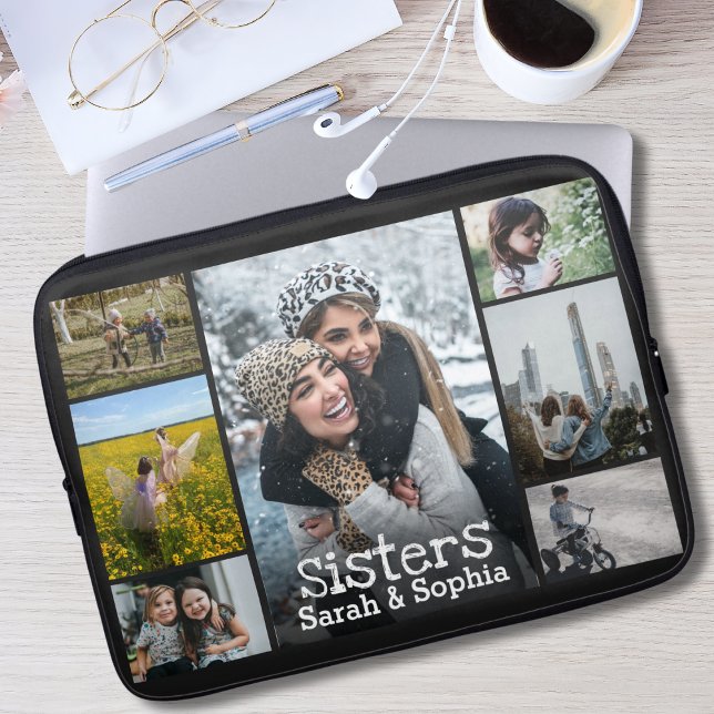 Modern Personalized Sisters 7 Photo Collage Laptop Sleeve (Creator Uploaded)